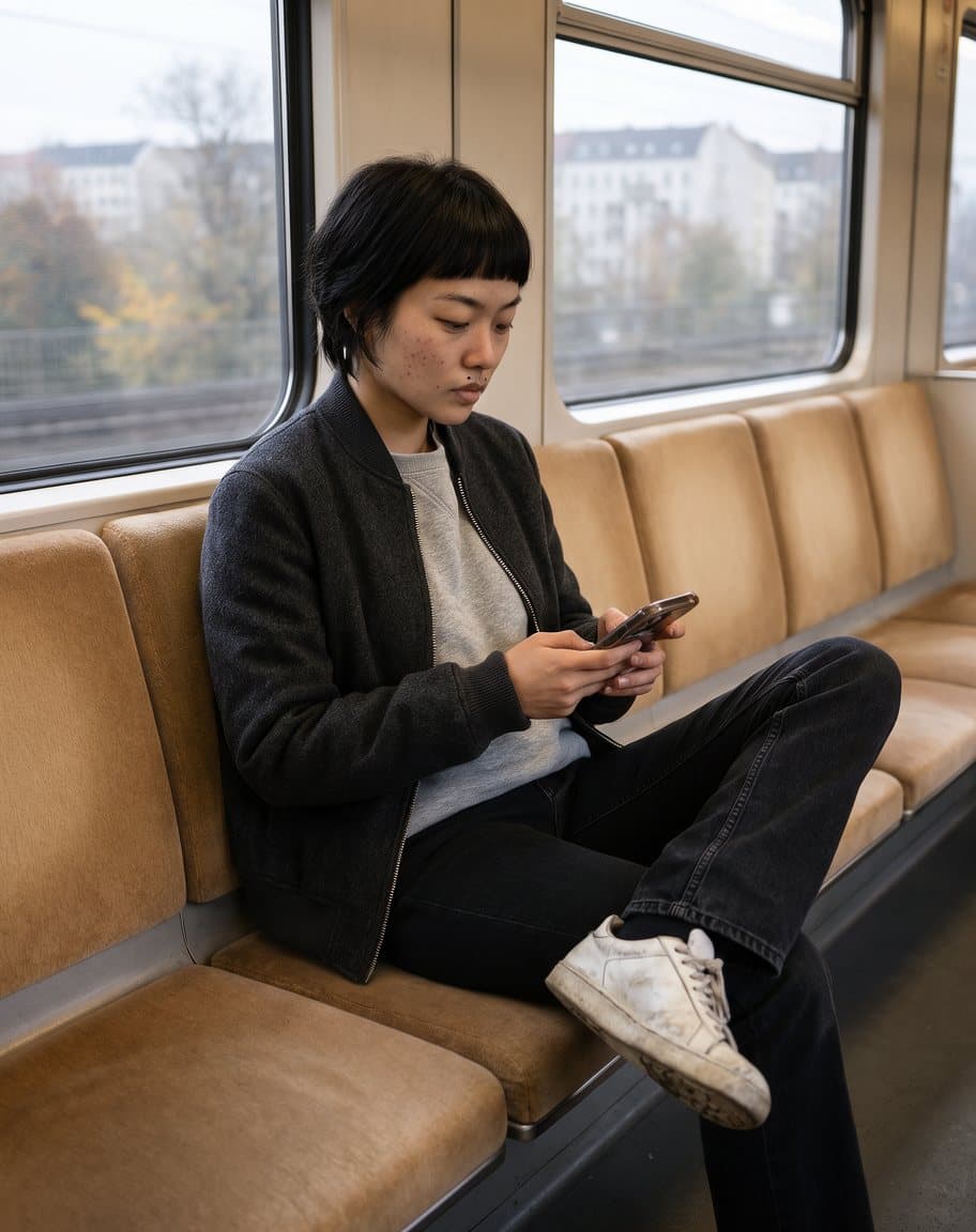 Mina on the S-Bahn, looking at her phone