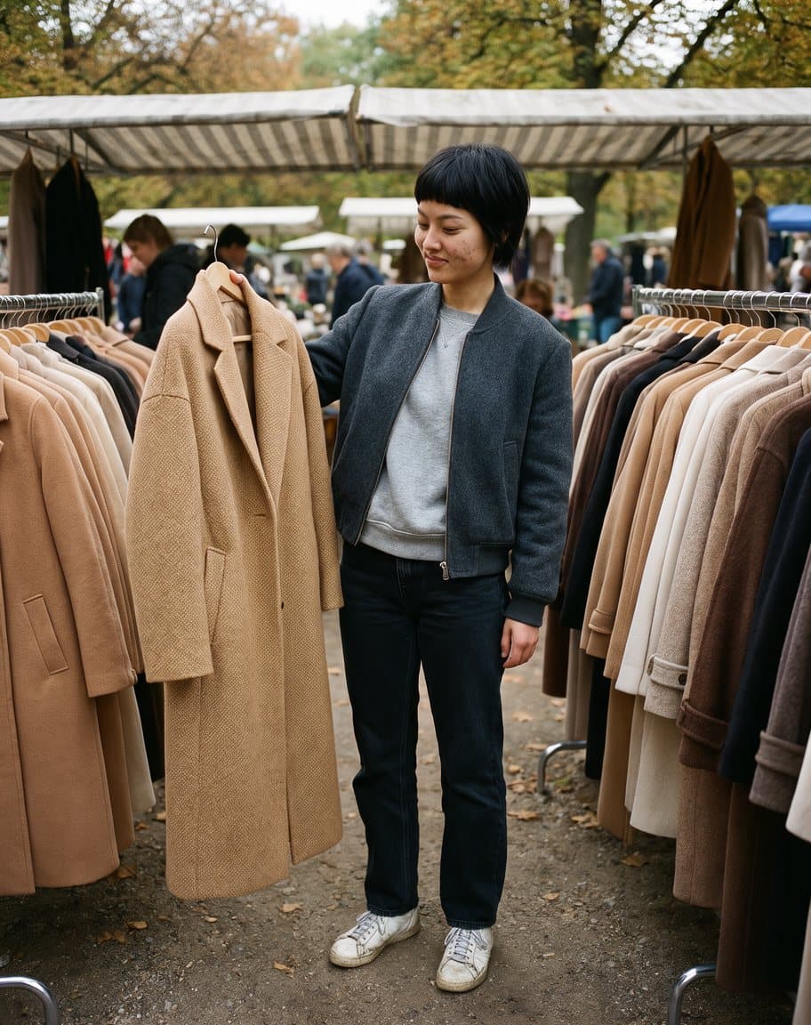 Mina holding up a camel wool coat at a flea market