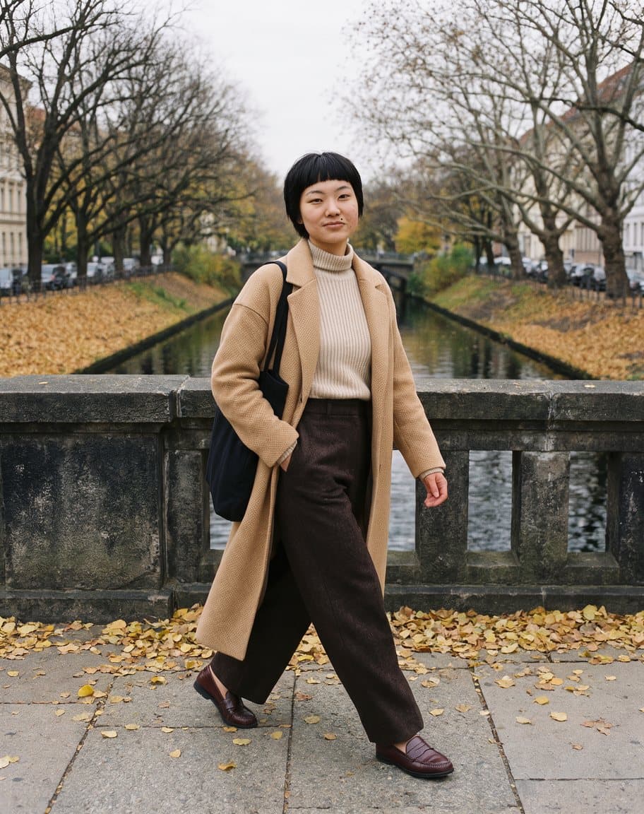 Mina crossing a canal bridge in the camel coat