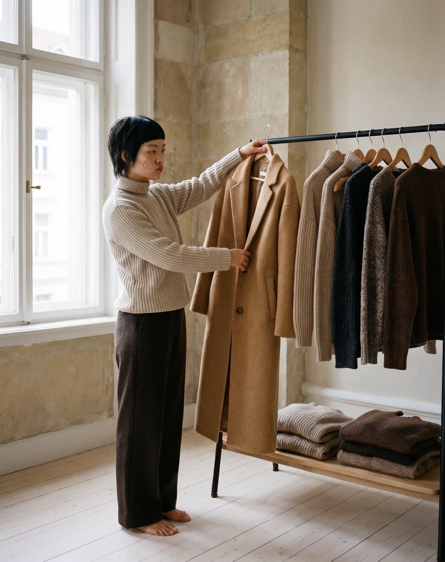 Mina hanging the coat on her clothes rail at home