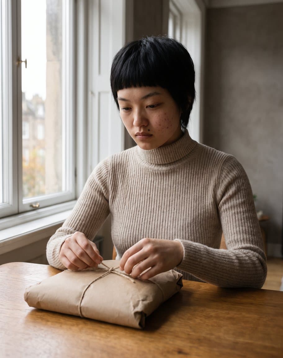 Mina wrapping a jacket in brown paper to send